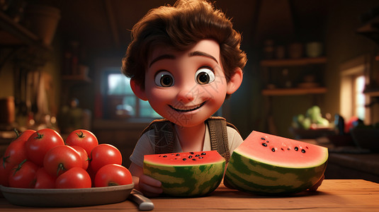 卡通风格吃水果的小男孩插图背景图片
