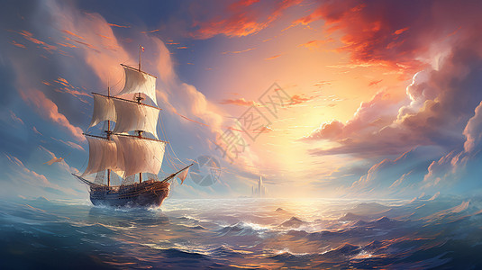 油画风格海上古代商船艺术插图插画