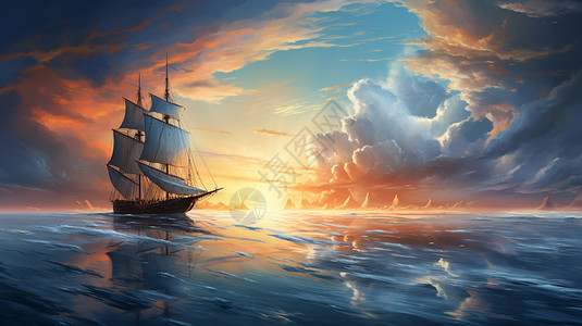 油画风格海上古代商船插图图片
