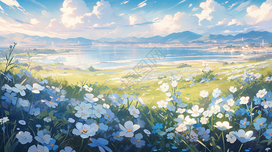 云全景夏季草地的美丽景观插画