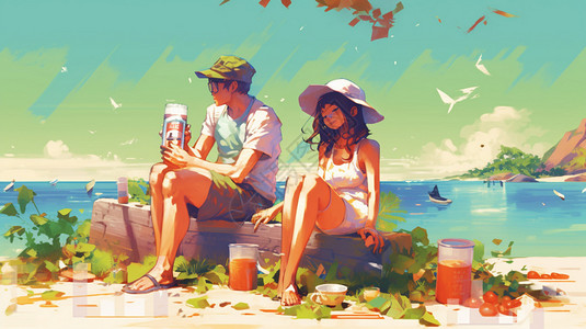 沙滩度假的情侣背景图片