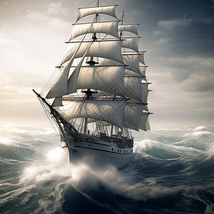 3D海洋风浪中的帆船图片