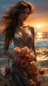 风起时黄昏时沙滩上美丽的女子背景