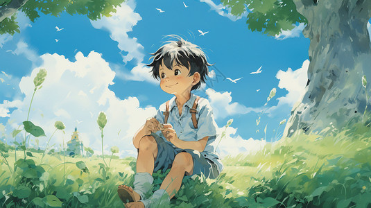 宫崎骏风格的夏季小男孩插图背景图片