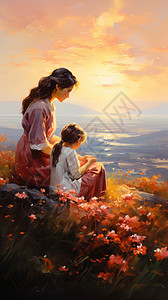 母亲和孩子坐在山顶油画插图图片
