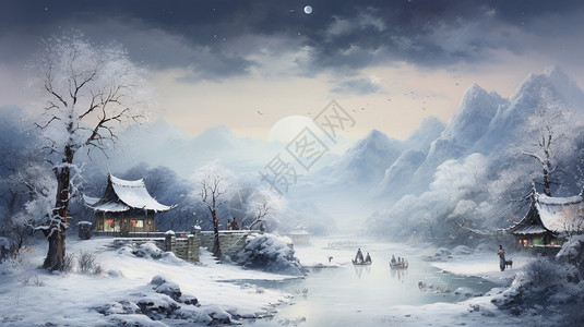 壮丽的山间雪景油画插图图片