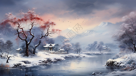 露台景观山间雪景的美丽景观插画