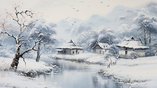 四个雪花小素材雪后的河边房屋插图插画