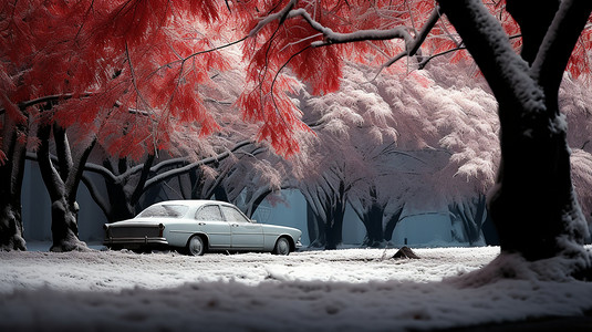 大寒汽车冬季的森林公园设计图片