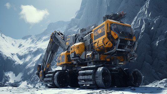 科幻风格雪山中的挖掘机插图图片