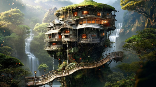 创意森林中的房屋建筑插图背景图片