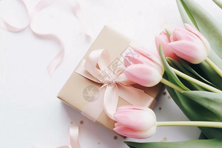 粉红色母亲节郁金香和礼品盒背景
