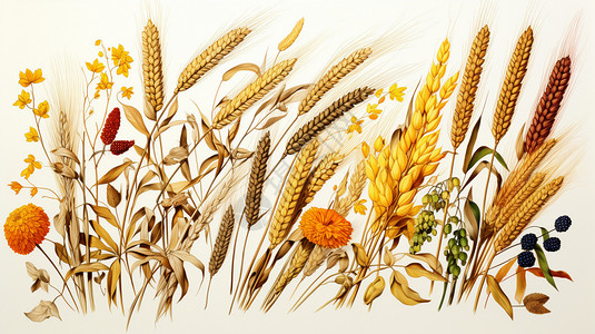 一束小麦谷物粮食的油画插图插画