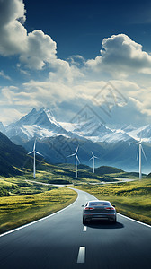 黑豆田风力发电田野中的新能源汽车设计图片