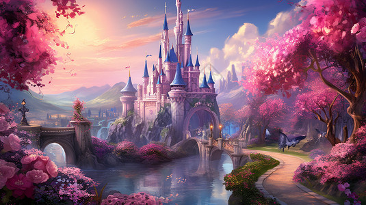 梦幻城堡油画插图背景图片