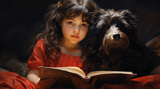 抱着狗狗阅读的小女孩图片