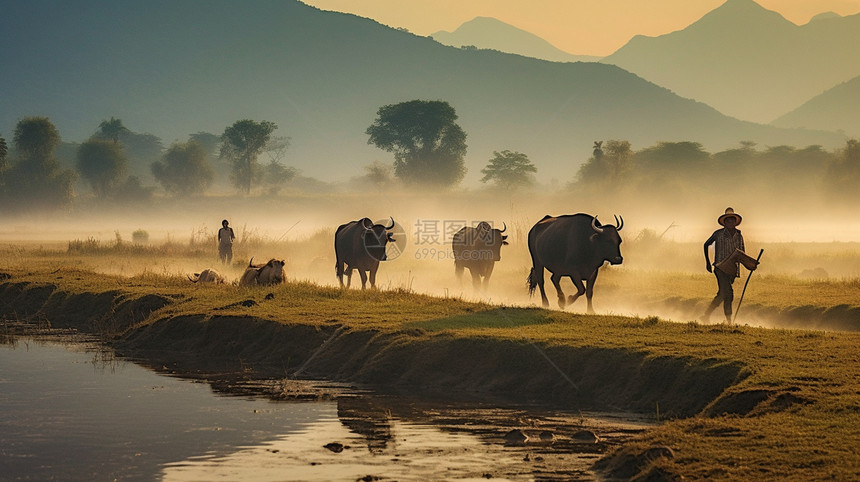 夏季农村田野中放牧的牛群图片