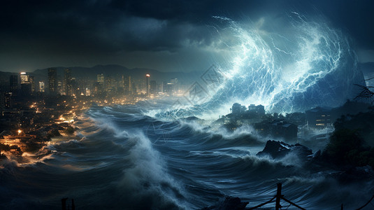 风暴破坏海啸灾害对城市的破坏概念图设计图片