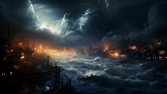风暴破坏海啸冲击城市的概念图设计图片