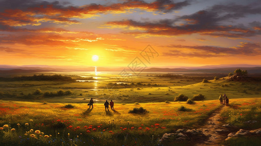 日落时草原上的景观插图背景图片