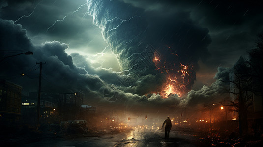 雷雨城市自然灾害对城市的损坏概念图插画