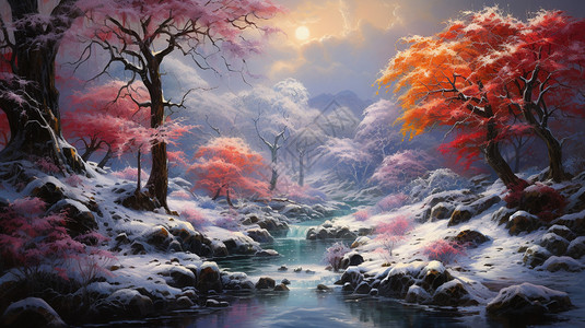 冬天森林景观的艺术插图图片