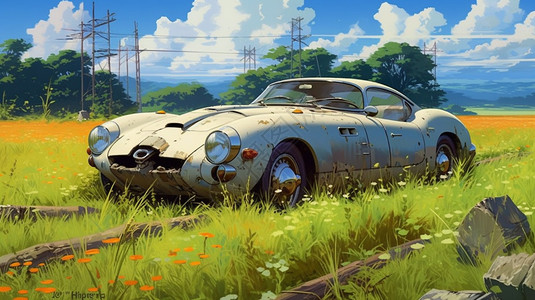 宫崎骏绘画风格汽车插图背景图片