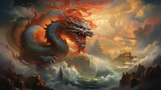 雄伟的中国龙艺术插图背景图片