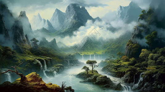 山川，云，雨，雾，高大的树木背景图片