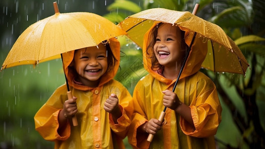 穿黄色雨衣的小女孩下雨天户外开心的小女孩背景