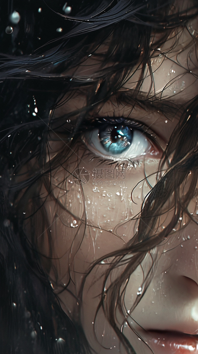 雨中的蓝眼少女动画插图图片