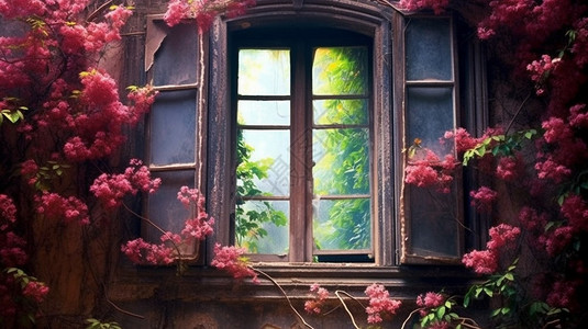 复古窗爬满鲜花的木窗插画