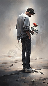 灰色背影手拿玫瑰的男子油画插画插画