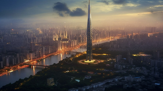 现代城市的地标性塔楼高清图片
