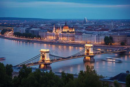 城市多瑙河的夜晚景观图片