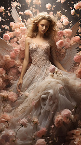 美女翅膀素材创意花丛中的金发美女背景