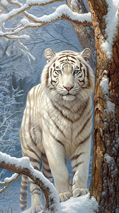 老虎插画树上的白虎背景