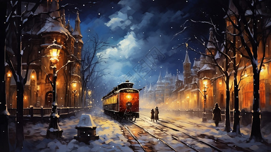雪夜中的电车图片