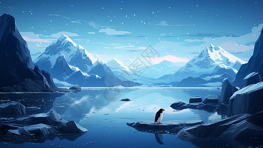 雪山下的企鹅插画背景图片