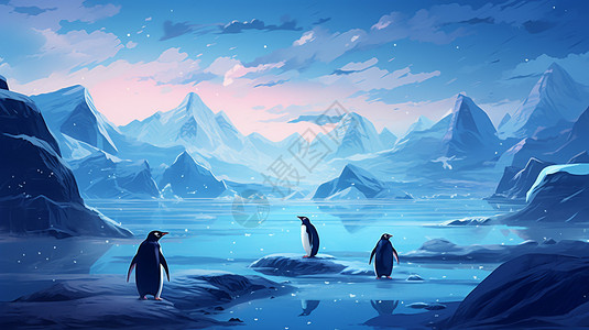 南极雪山星空下的企鹅插画
