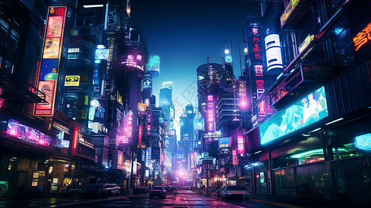 夜晚霓虹赛博朋克风的城市街道设计图片