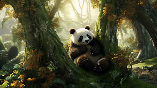 呆萌牛树杈上慵懒的熊猫设计图片