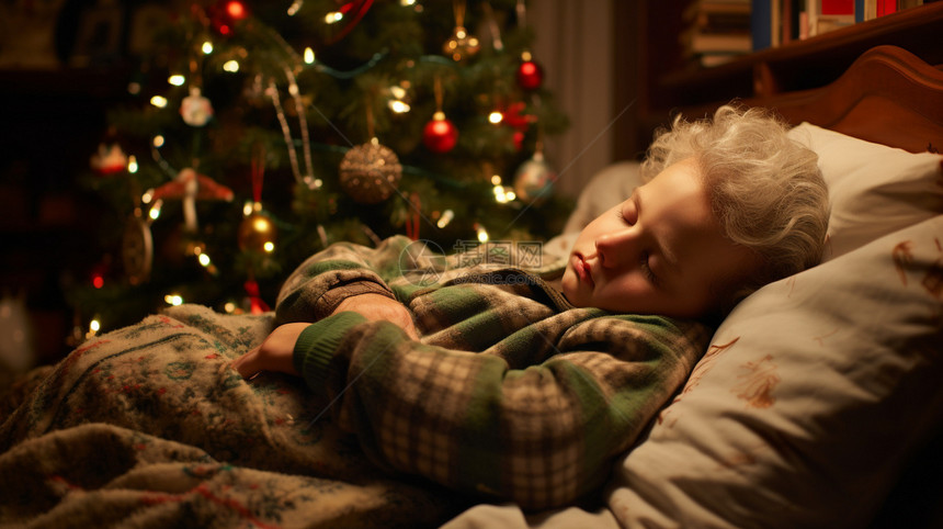圣诞树旁熟睡的小男孩图片