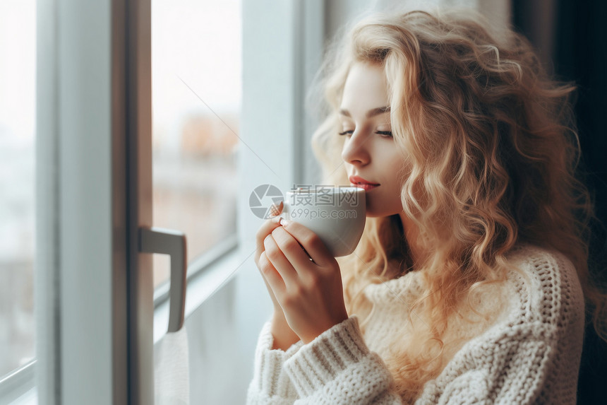 捧着咖啡杯的女神图片