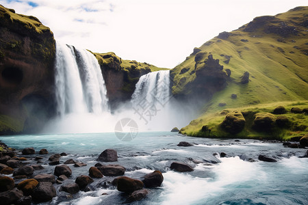 冰岛北部清澈的瀑布河流背景