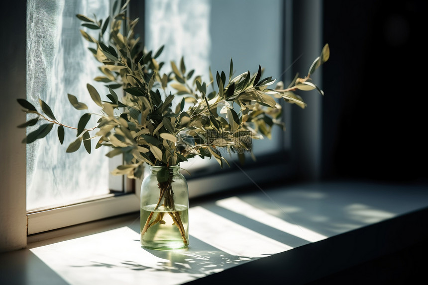 窗台上花瓶中的植物图片