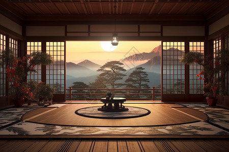 竹林喝茶中式建筑和美丽的风景设计图片