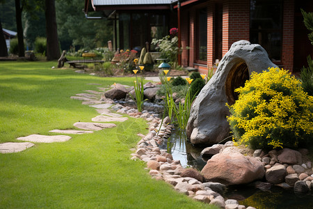 花园的植物和石子路背景图片