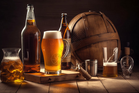 木桌上的啤酒高清图片