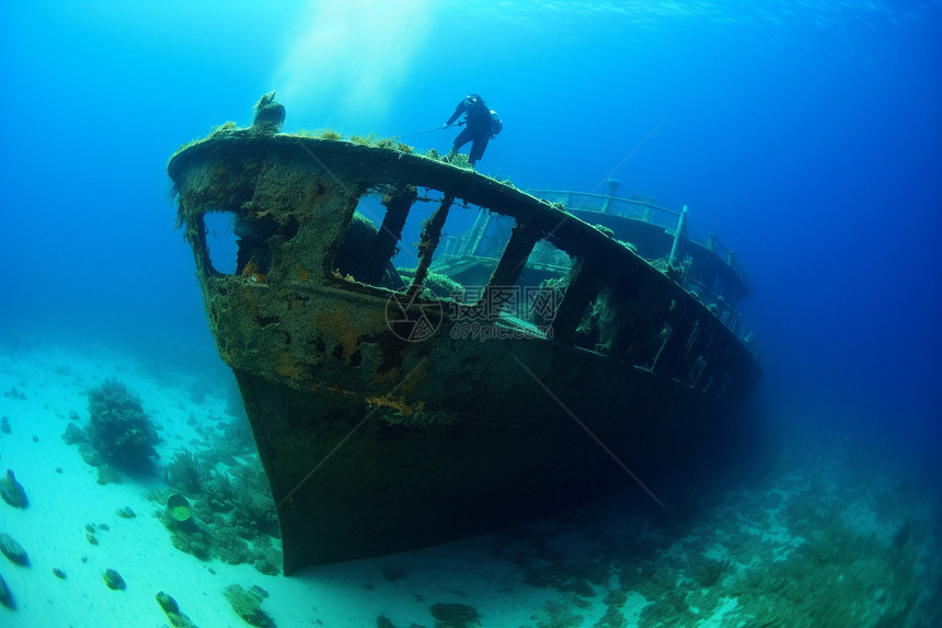 探索深海中沉船废墟图片